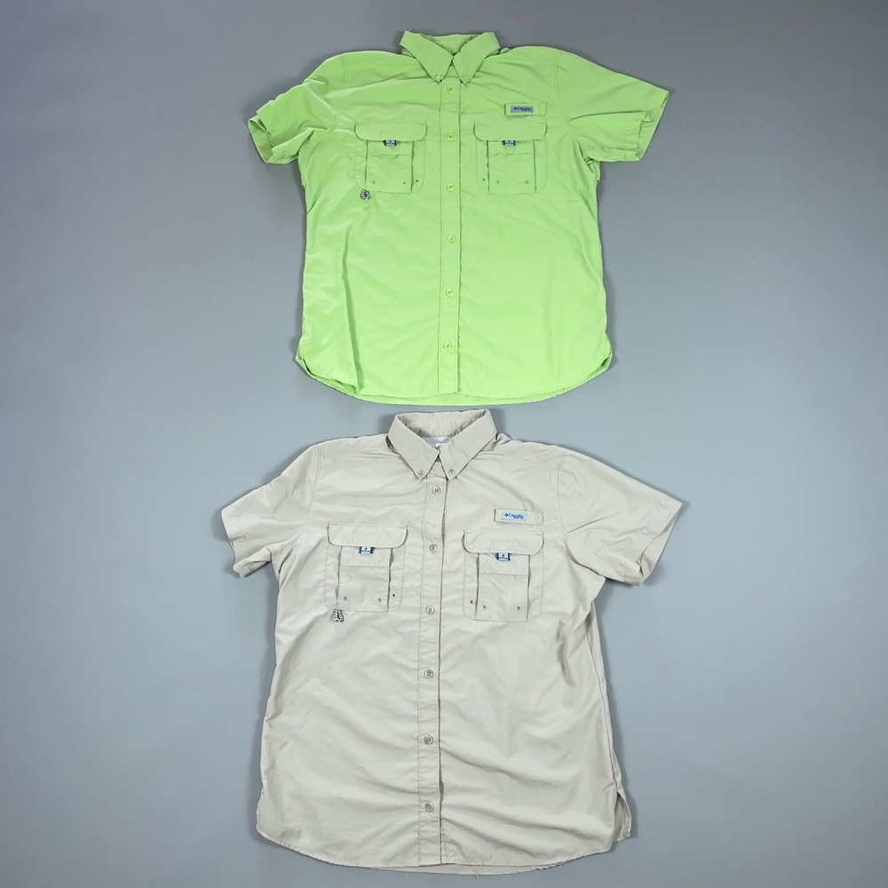 Lot of 2 Columbia PFG Fishing Shirts Mens Short Sleeve Lime Tan Rexel Logo
